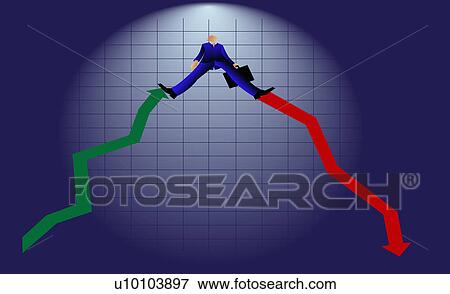 Stock Illustration - Businessman balancing on the top of two line graphs. Fotosearch