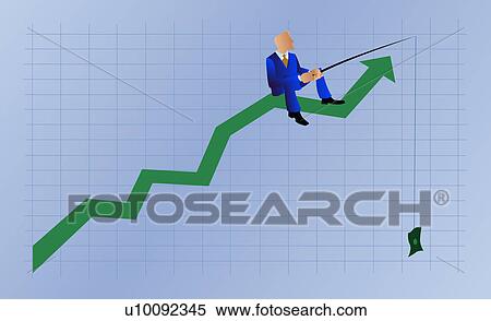 Stock Illustration - Businessman sitting on a line graph and holding a fishing rod. Fotosearch