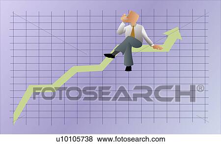 Stock Illustration - Businessman sitting on a line graph and holding a mobile phone. Fotosearch
