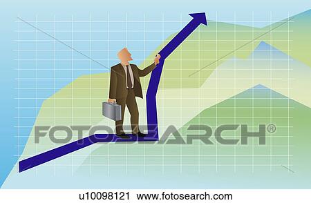 Businessman standing on a line graph and holding a briefcase View Large Illustration Clip Art - Businessman standing on a line graph and holding a briefcase. Fotosearch