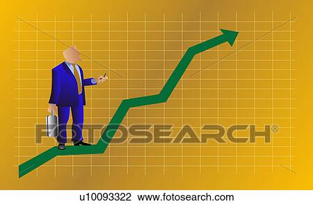 Businessman standing on a line graph and holding a briefcase View Large Illustration Drawing - Businessman standing on a line graph and holding a briefcase. Fotosearch
