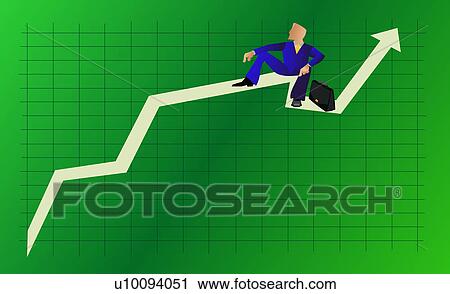 Clip Art - Close-up of a businessman sitting on a line graph with a briefcase. Fotosearch