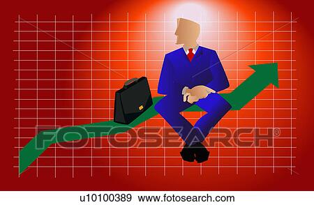Stock Illustration - Close-up of a businessman sitting on a line graph with a briefcase. Fotosearch
