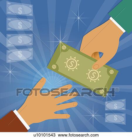 Drawing - Close-up of a man's hand giving a bank note to another man. Fotosearch