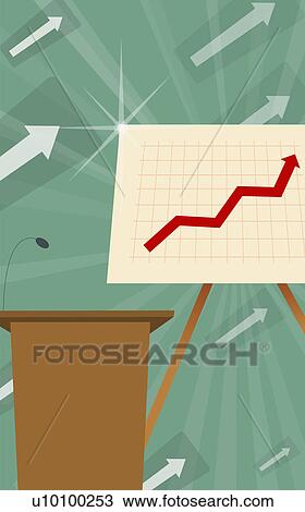 Drawing - Close-up of a microphone on a lectern with a line graph in the background. Fotosearch