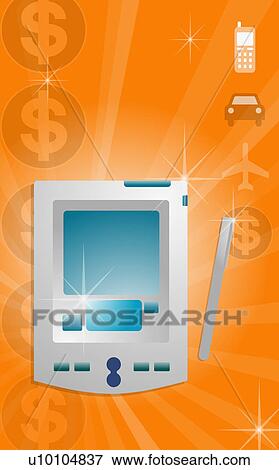 Stock Illustration - Close-up of a personal data assistant with a digitized pen. Fotosearch