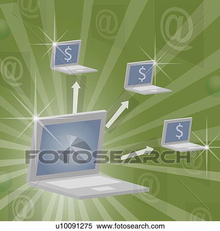 Stock Illustration - Close-up of a pie chart and dollar signs displayed on laptop screens. Fotosearch