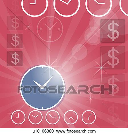 Clipart - Close-up of clocks and dollar signs on a red background. Fotosearch