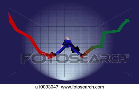 Stock Illustration - Low angle view of a businessman standing on two line graphs. Fotosearch