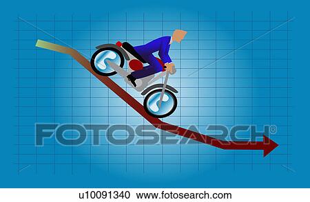 Clipart - Side profile of a businessman riding a motorcycle down on a line graph. Fotosearch