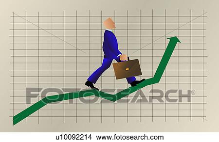 Stock Illustration - Side profile of a businessman walking up a line graph and carrying a briefcase. Fotosearch