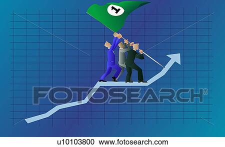 Clipart - Side profile of three businessmen walking up on a line graph holding a flag. Fotosearch