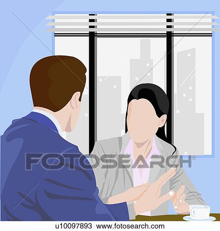 Businessman and a businesswoman talking in an office View Large Illustration Drawing - Businessman and a businesswoman talking in an office. Fotosearch