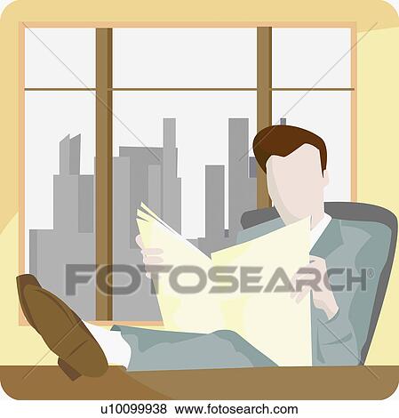 Stock Illustration - Businessman sitting and reading a newspaper. Fotosearch