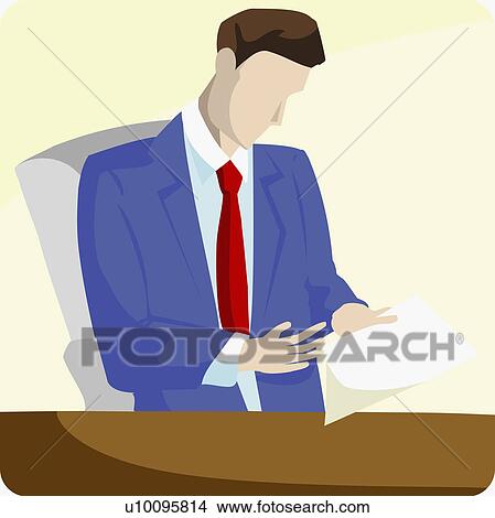 Stock Illustration - Businessman sitting in an office and reading a document. Fotosearch