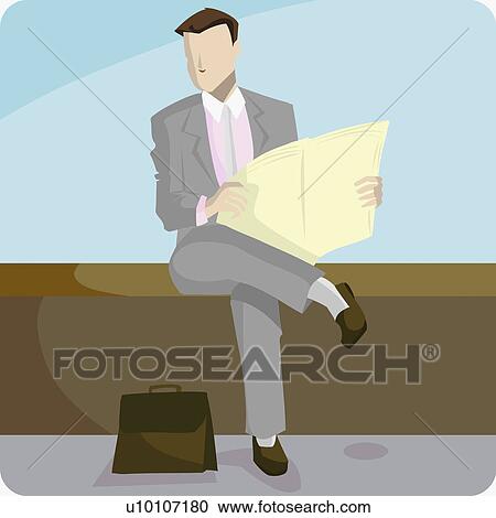Clipart - Businessman sitting on a bench and holding a newspaper. Fotosearch