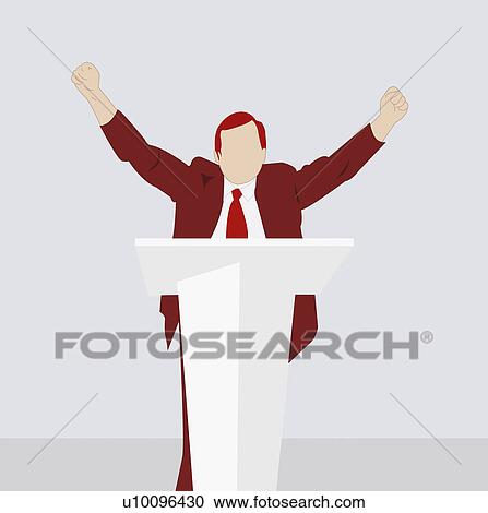 Clipart - Businessman standing at a podium with arms raised. Fotosearch
