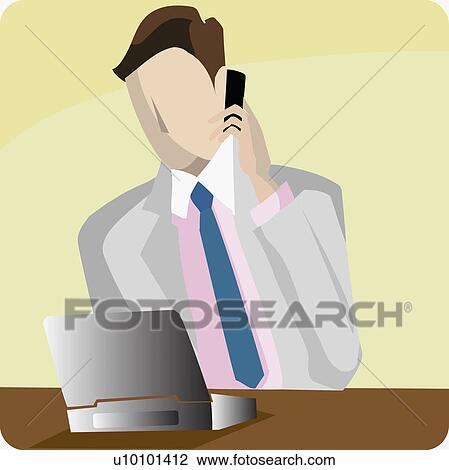 Drawing - Businessman using a laptop and talking on a mobile phone. Fotosearch