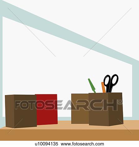 Stock Illustration - Close-up of pen stands on a table. Fotosearch