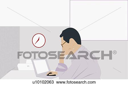 Drawing - Side profile of a businessman using a laptop. Fotosearch