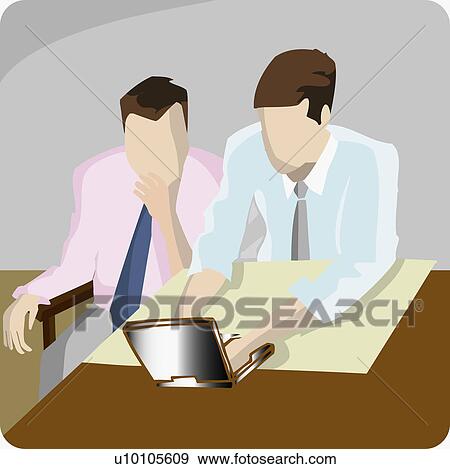 Stock Illustration - Two businessmen sitting and using a laptop. Fotosearch