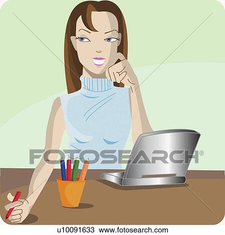 Woman holding a colored pencil and sitting with a laptop View Large Illustration Drawing - Woman holding a colored pencil and sitting with a laptop. Fotosearch