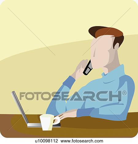 Drawing - Young man using a laptop and talking on a mobile phone. Fotosearch