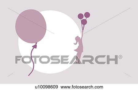 Stock Illustration - Close-up of a balloon with the silhouette of a child playing with balloons in the background. Fotosearch