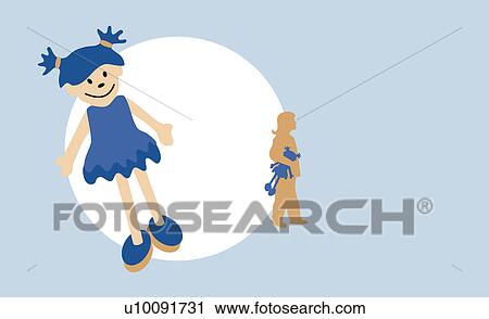 Close-up of a doll with the silhouette of a girl playing with a doll in the background View Large Illustration Clip Art - Close-up of a doll with the silhouette of a girl playing with a doll in the background. Fotosearch