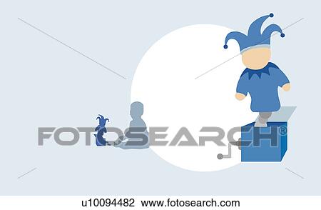 Drawing - Close-up of a Jack-in-the-Box with the silhouette of a child playing with a Jack-in-the-Box in the background. Fotosearch