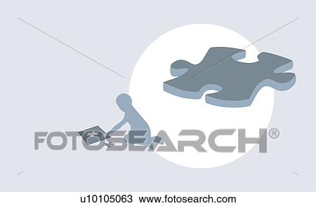 Close-up of a jig saw puzzle piece with the silhouette of a child playing in the background View Large Illustration Drawing - Close-up of a jig saw puzzle piece with the silhouette of a child playing in the background. Fotosearch