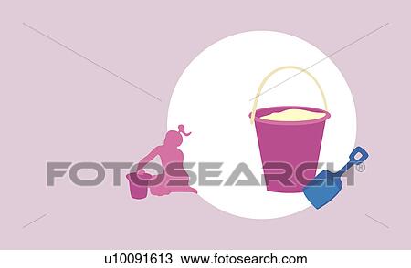 Drawing - Close-up of a pail and a shovel with the silhouette of a girl using a pail in the background. Fotosearch