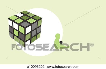 Drawing - Close-up of a Rubick's cube with the silhouette of a child playing with a Rubick's cube in the background. Fotosearch