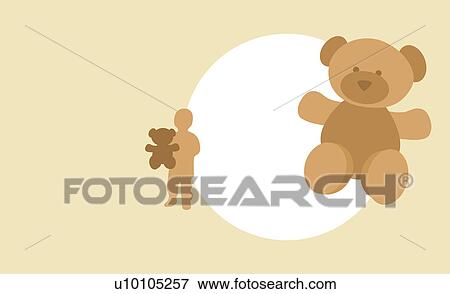 Stock Illustration - Close-up of a teddy bear with the silhouette of a child holding a teddy bear in the background. Fotosearch