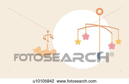 Drawing - Silhouette of a baby boy playing with a mobile toy. Fotosearch