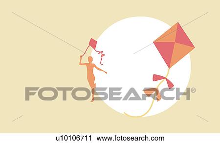 Clip Art - Silhouette of a boy running with a kite. Fotosearch