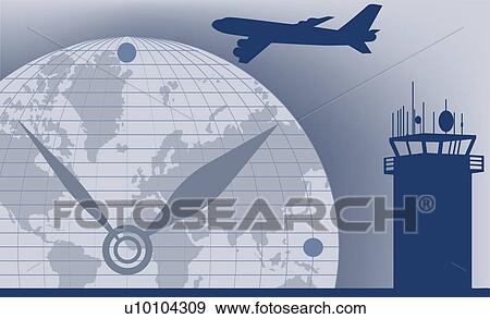 Stock Illustration - Airplane flying over a globe. Fotosearch