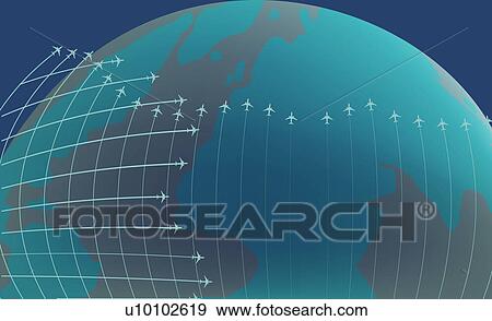 Stock Illustration - Airplanes flying around the earth. Fotosearch