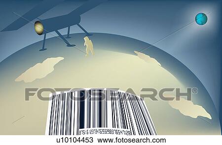 Bar code and a space shuttle on the earth View Large Illustration Drawing - Bar code and a space shuttle on the earth. Fotosearch