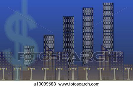 Buildings lit up at night View Large Illustration Drawing - Buildings lit up at night. Fotosearch