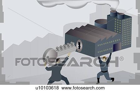 Stock Illustration - Businessman holding a key in front of a keyhole on a factory building. Fotosearch