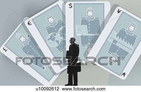Businessman standing in front of cards with currency symbols View Large Illustration Drawing - Businessman standing in front of cards with currency symbols. Fotosearch