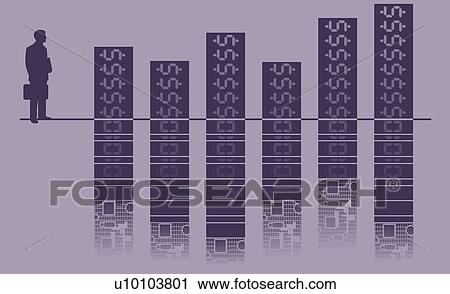 Clip Art - Businessman standing on a line of bar graph. Fotosearch