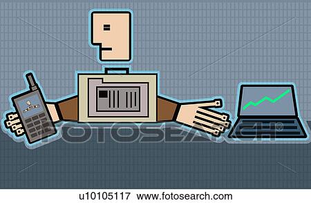 Stock Illustration - Businessman using a laptop and a mobile phone. Fotosearch