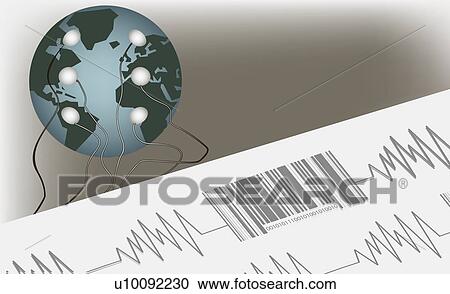 Clipart - Close-up of a bar code on a pulse trace connected to a globe. Fotosearch