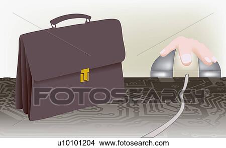 Stock Illustration - Close-up of a briefcase and a human hand on a mouse. Fotosearch
