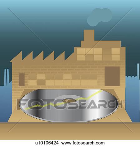 Close-up of a CD in front of a factory View Large Illustration Stock Illustration - Close-up of a CD in front of a factory. Fotosearch