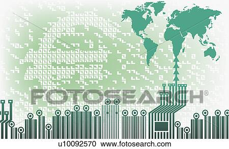 Clipart - Close-up of a computer chip with a map. Fotosearch
