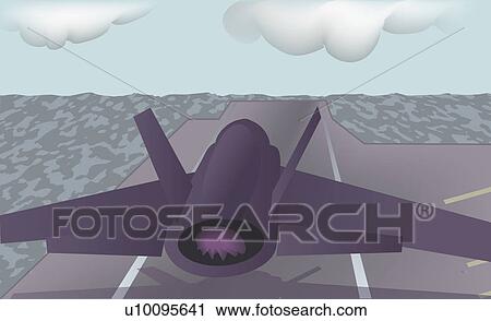 Clip Art - Close-up of a fighter plane taking off from an aircraft carrier. Fotosearch