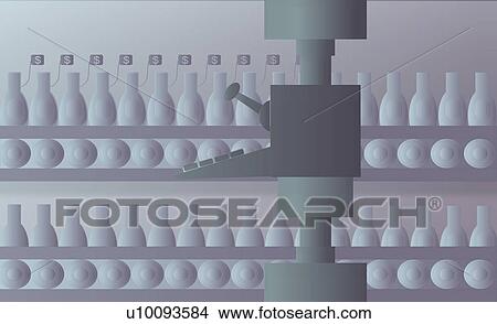 Stock Illustration - Close-up of a lathe in front of bottles on a conveyor belt. Fotosearch
